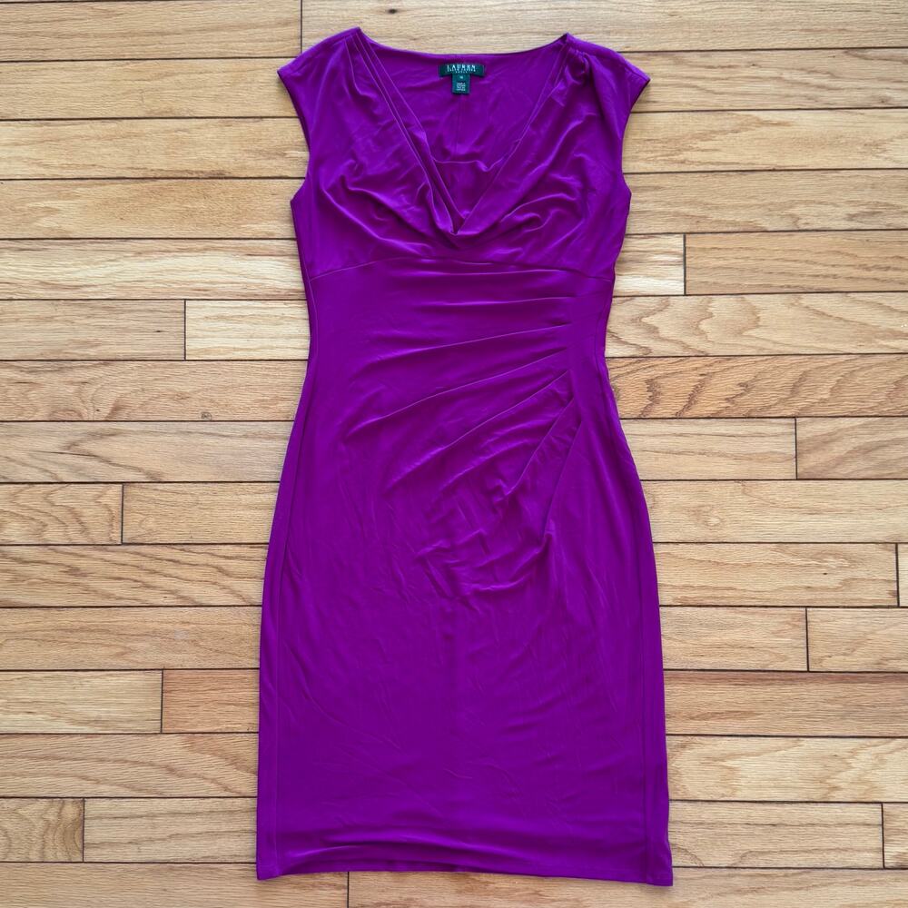 Lauren Ralph Lauren Women Purple Ruched Side Sheath  Matte Jersey Cowl Neckline